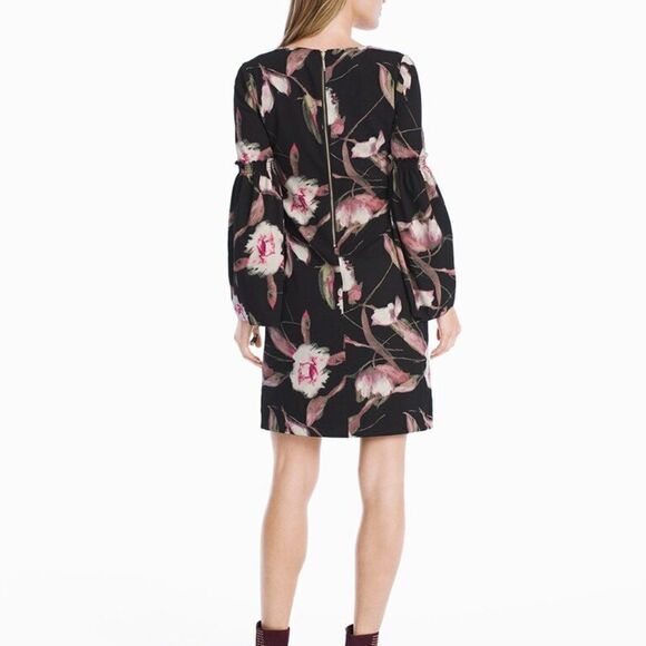 WHITEHOUSE BLACKMARKET Long-Sleeve Black Floral Bell-Sleeve Shift Dress Size 2 - Picture 2 of 9